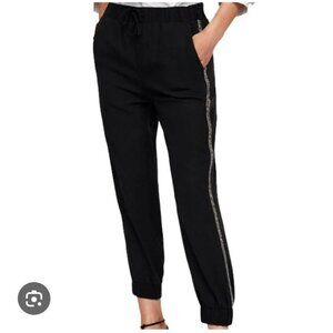Zara Black Jogger Pants Size L With Side Rhinestone Detailing - Tencel Fabric